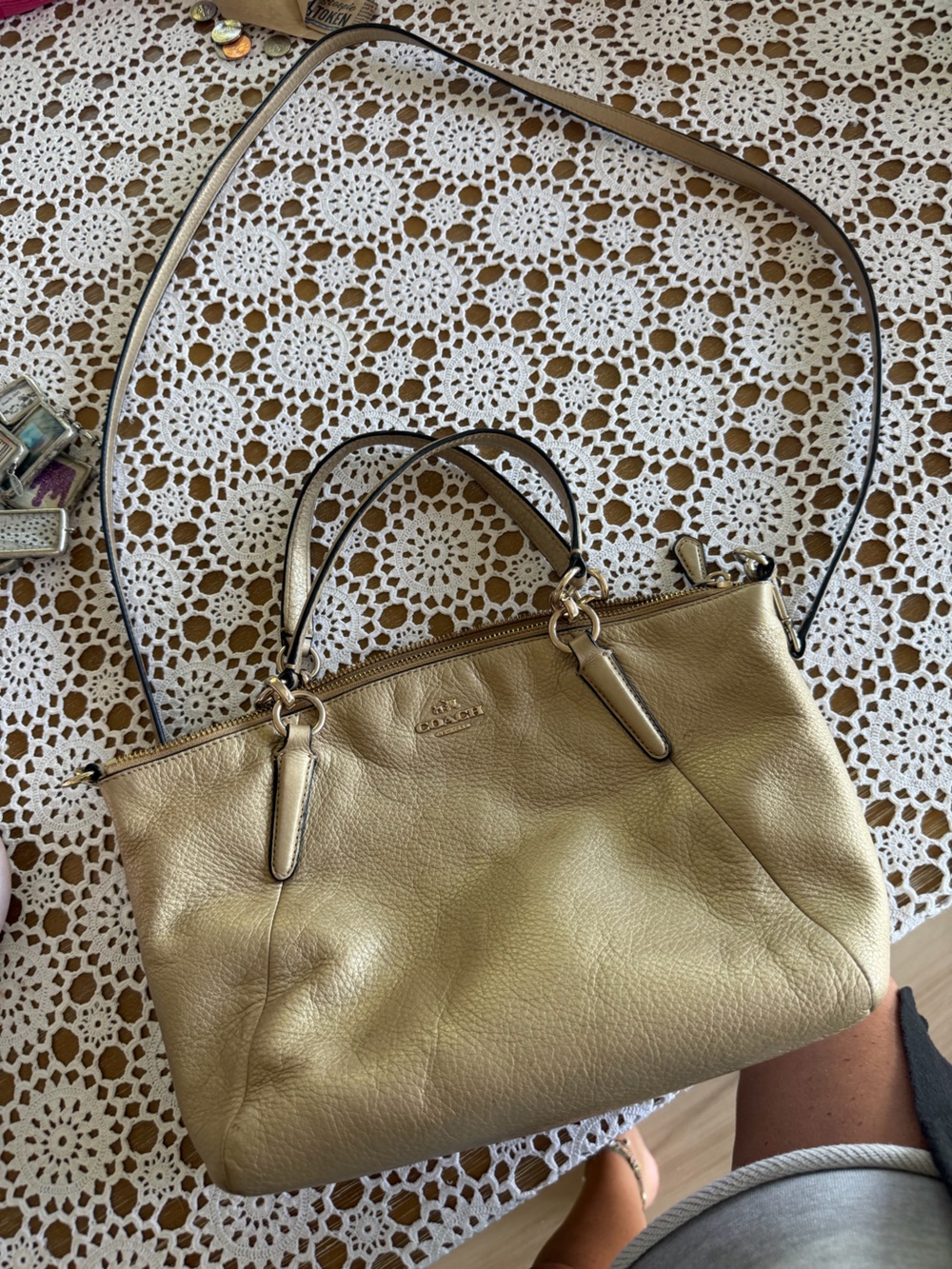 Coach Kelsey Metallic Gold Pebbled Leather Satchel Crossbody Bag